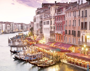 Venice Photography -  Evening at the Rialto Bridge, Sunset on the Canal, Gondolas, Wall Decor, Italy Travel Photograph
