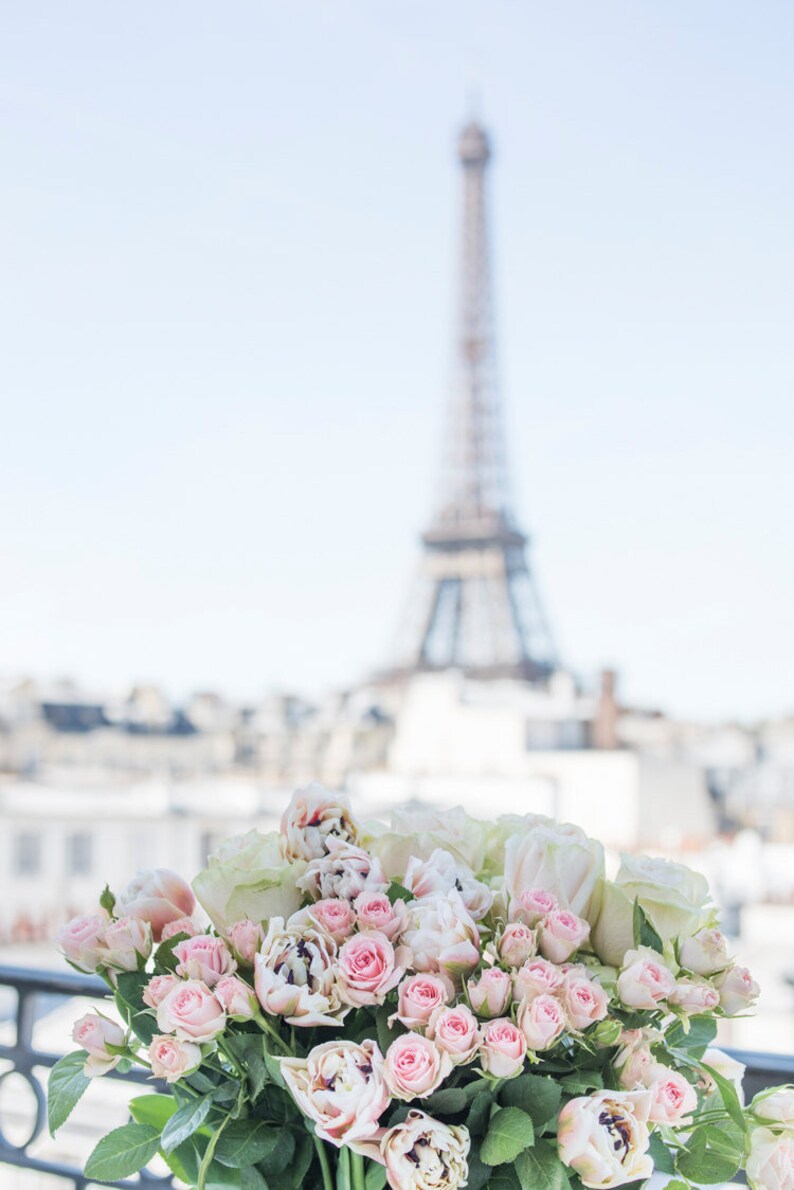 Paris Photography A Paris Balcony, Eiffel Tower, Roses, Travel Fine Art Photograph, French Home Decor, Large Wall Art image 2