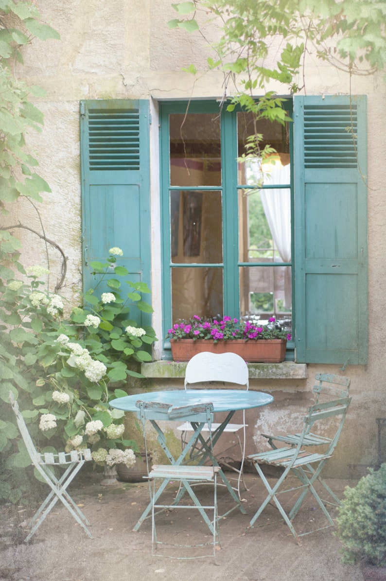 French Country Photography Blue Bistro Table, Chairs, Shutters, Cottage Window, Giverny, France, Wall Decor image 1