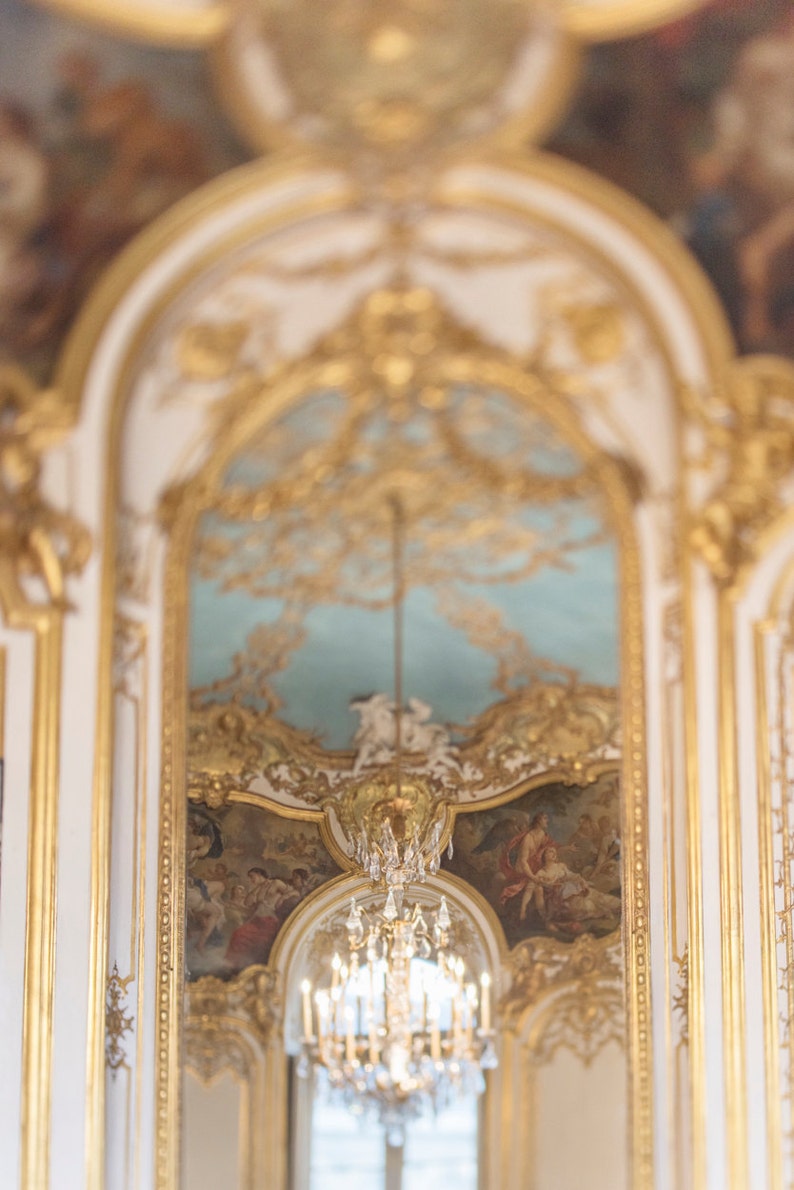 Paris Photograph Gilt and Blue Chamber, Elegant Chandelier Fine Art Photography, Paris Art Print, French Home Decor, Large Wall Art image 1