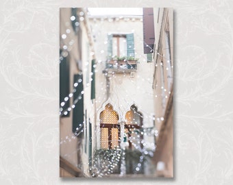 Venice Photo on Canvas, Gothic Window with Fairy Lights, Carnival, Venice, Italy, Travel Photography, Large Wall Art