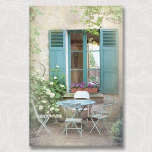 French Country Photograph on Canvas, Blue Bistro Table, Chairs, Shutters, Cottage Window, Giverny, France, Wall Decor