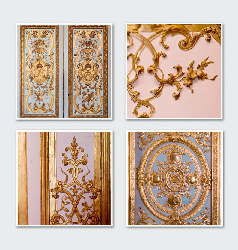 Paris Photography Set, Golden Details of Versailles Four Square Photographs, Large Wall Art, French Wall Decor image 1