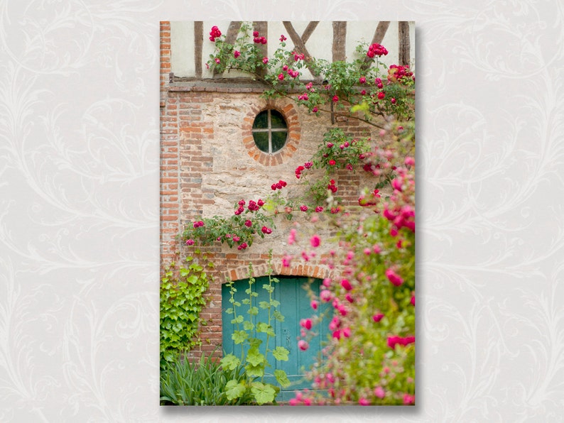 French Country Photograph on Canvas, French Blue Door, Roses, Gallery Wrapped Canvas, Large Wall Art, French Home Decor image 1