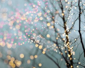 Winter Photography - Holiday Fairy Lights in Trees, Festive Winter Scene, Fine Art Landscape Photograph, Large Wall Art