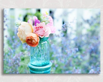 Photograph on Canvas, Summer Garden, Roses, Fine Art Photo on Gallery Wrapped Canvas, Travel Home Decor,  Large Wall Art