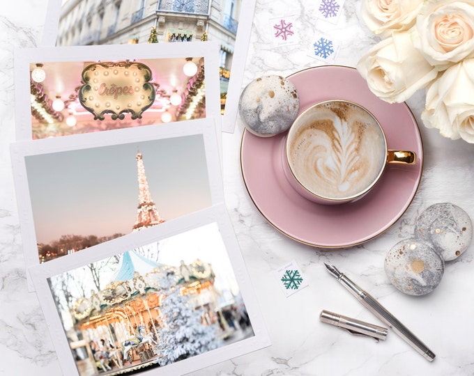 Paris Holiday Notecards, Set of Four Paris Greeting Cards, Carousel, Eiffel Tower, Laduree