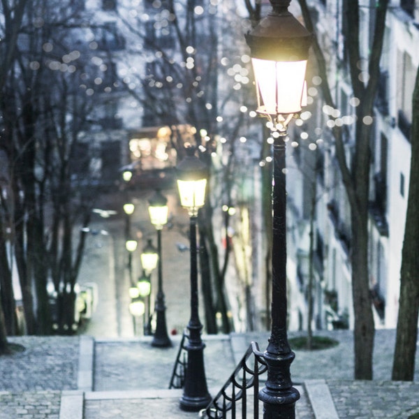 Paris Photograph - Winter Evening, Montmartre, Paris at Night, Street Lamps, French Home Decor, Large Wall Art