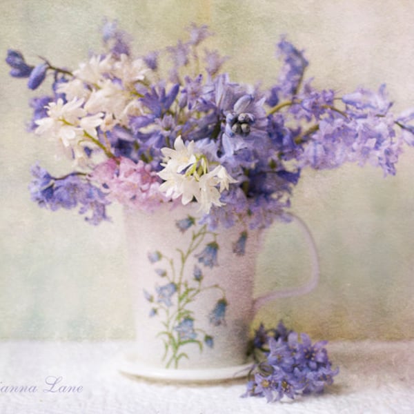 Floral Still Life Photography - Bluebell Fantasy - Romantic Fine Art Photograph of Bluebells in Cup, Vintage Home Decor, Wall Art