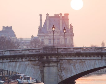 Paris Photograph - Sunrise over the Seine and Louvre, Paris in Mauve,  French Home Decor, Lamp Post, Large Wall Art