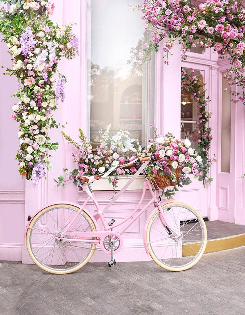 London Photograph London in Bloom, Pink Bicycle at Peggy Porschen, Vertical, England Fine Art Photograph, Pink Decor, Large Wall Art image 1