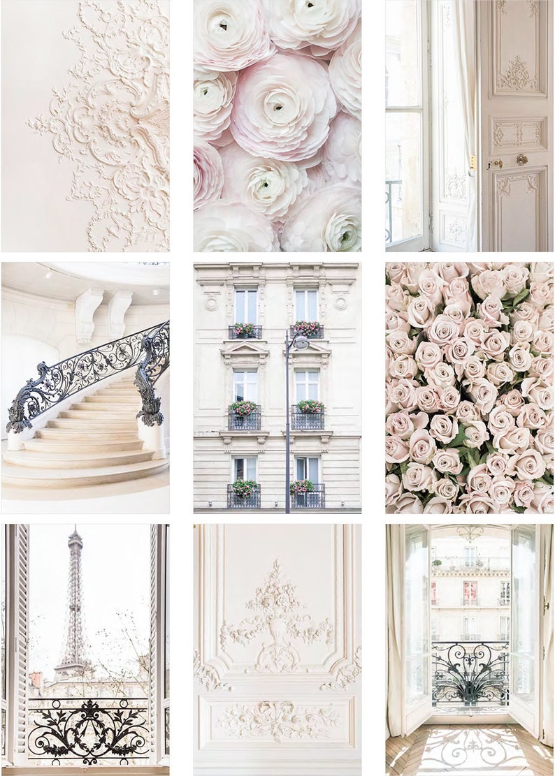 May include: A collage of nine images featuring Parisian architecture, flowers, and details. The images include a white building with windows and balconies, a wrought iron staircase, a close-up of pink roses, a view of the Eiffel Tower from a window, and a white wall with ornate molding.