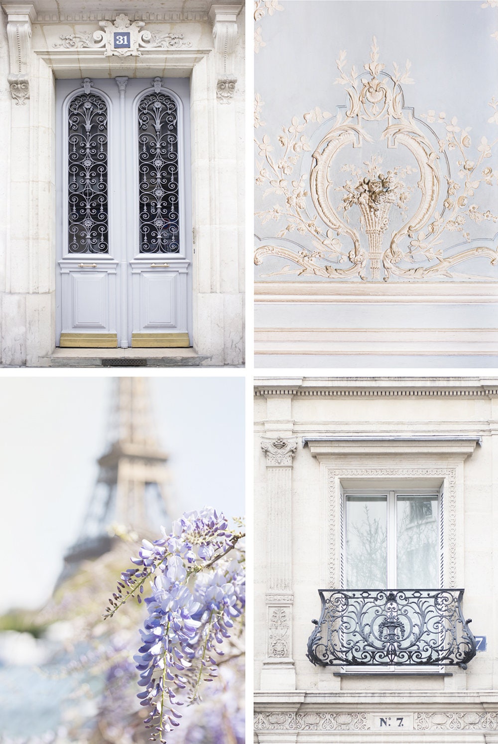 Paris Fine Art Print Collection - Paris in Französisch Blau, Pastell Blau und Creme - Galeriewand, Eiffelturm, Blauregen, große Wandkunst
