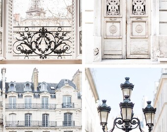 Paris Photography Set - Paris in Cream, Eiffel Tower, Paris Door, Paris Apartment, Four Fine Art Photographs, Urban Decor, Large Wall Art