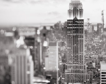 New York City Photography - Black and White Manhattan Skyline at Dusk, Empire State Building, Urban Home Decor, Large Wall Art