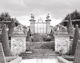 France Travel Photography - French Chateau and Garden with Gate, Black and White French Country Decor, Large Wall Art