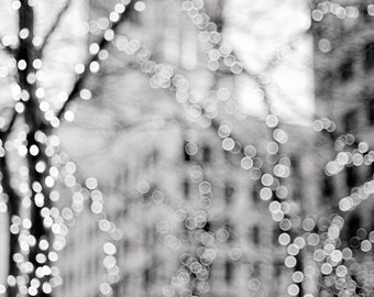 Urban Lights Photography - City Winter Holiday Scene, Black and White Fine Art Photograph, Wall Decor, Large Wall Art