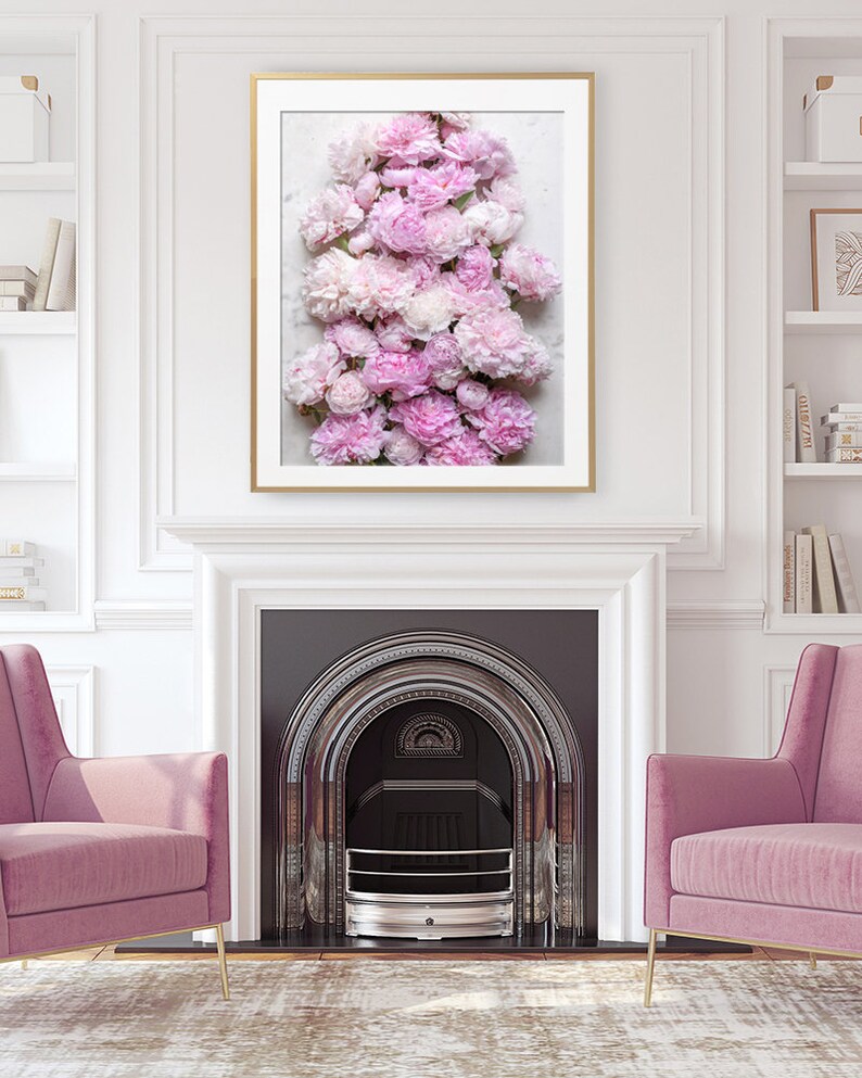 May include: A framed print of a cluster of pink and white peonies arranged in a vertical pattern. The peonies are in various shades of pink and white, and they are arranged in a way that creates a sense of depth and texture.