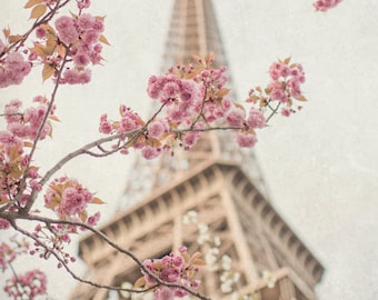 Fotografia de Paris - Torre Eiffel com flores de cerejeira, Primavera em Paris, fotografia de belas artes de viagem, arte de parede grande