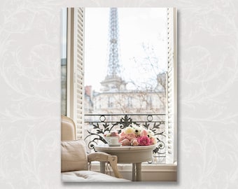Photograph on Canvas, Coffee and Flowers in Paris, Paris Fine Art Photo on Gallery Wrapped Canvas, Travel Home Decor,  Large Wall Art