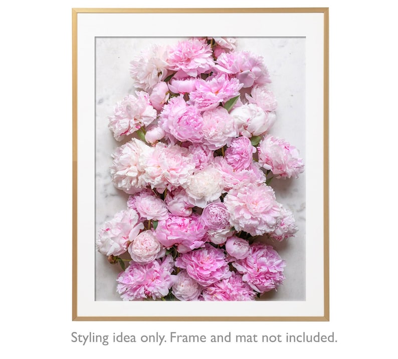 May include: A close-up image of a bouquet of pink peonies arranged in a vertical line on a white marble background.