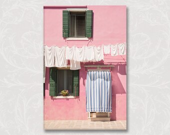 Venice Photo on Canvas, Pink House with Laundry, Burano, Venice, Italy, Wall Decor, Travel Photography, Home Decor