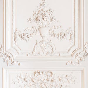 May include: White plaster molding with intricate floral designs and a vase in the center. The molding is on a white wall.