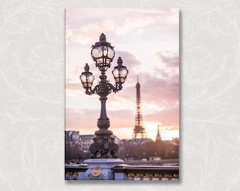 Paris Photo on Canvas, Mauve Evening, Street Lamp, Eiffel Tower, Bridge, French Decor, Gallery Wrapped Canvas, Large Wall Art