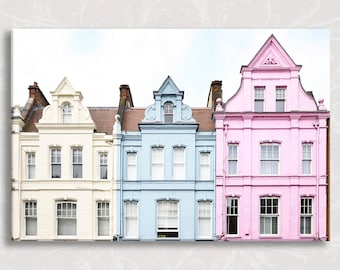 London Photograph on Canvas, Pastel Houses in Hampstead, London, England Travel Photo, Large Wall Art, Pink and Blue Nursery Decor