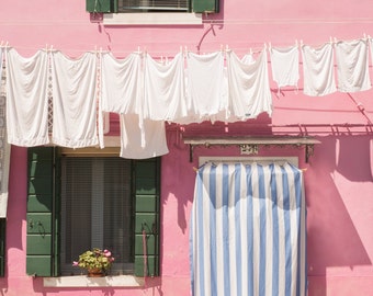 Venice Photography - Pink House with Laundry, Burano, Venice, Italy, Wall Decor, Travel Photography, Home Decor