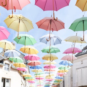 France Travel Photography, Rainbow Umbrellas in France, Nursery Art, Children's Decor, Large Wall Art, Gallery Wall