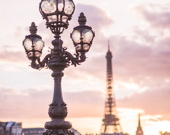 Paris Photograph - Sunset from Pont Alexandre III, Paris in Mauve, Eiffel Tower, French Home Decor, Lamp Post, Large Wall Art