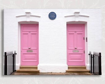 London Photograph on Canvas, Twinning in London, Double Pink Doors, Chelsea, England Travel Photo, Large Wall Art, Home Decor