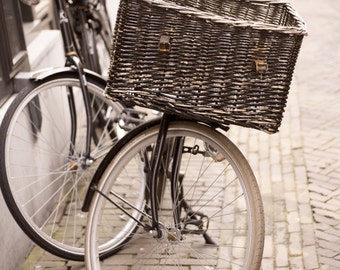 Amsterdam Photography - Bicycle with Basket, Fine Art Travel Photograph, Sepia, Urban Wall Decor