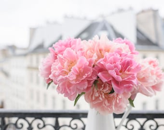 Paris Photograph -  Peonies on a Paris Balcony, Paris Flowers, Paris Gallery Wall, French Home Decor, Large Wall Art