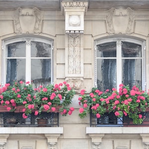 Paris Photograph - Pink Geraniums on Twin Balconies, Large Wall Art, Neutral French Home Decor, Gallery Wall