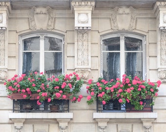 Paris Photograph - Pink Geraniums on Twin Balconies, Large Wall Art, Neutral French Home Decor, Gallery Wall