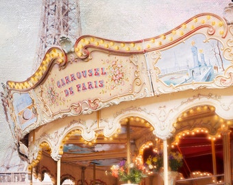 Paris Photography - Carousel at the Eiffel Tower, Nostalgic, Vintage Nursery Decor, Large Wall Art