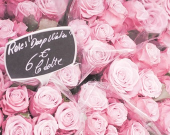 Paris Photo - Roses, Roses - Bouquet of Pink Roses in Parisian Flower Market, France, French Fine Art Travel Photograph