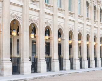 Paris Photography - Evening Lights at the Palais Royal, Paris Architecture, Columns, Neutral Decor, Large Wall Art, French Home Decor