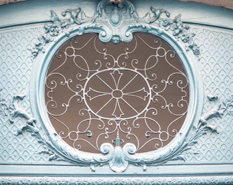 Paris Photography - Filigree Blue Window, Architectural Detail, Paris Photograph, French Home Decor, Large Wall Art