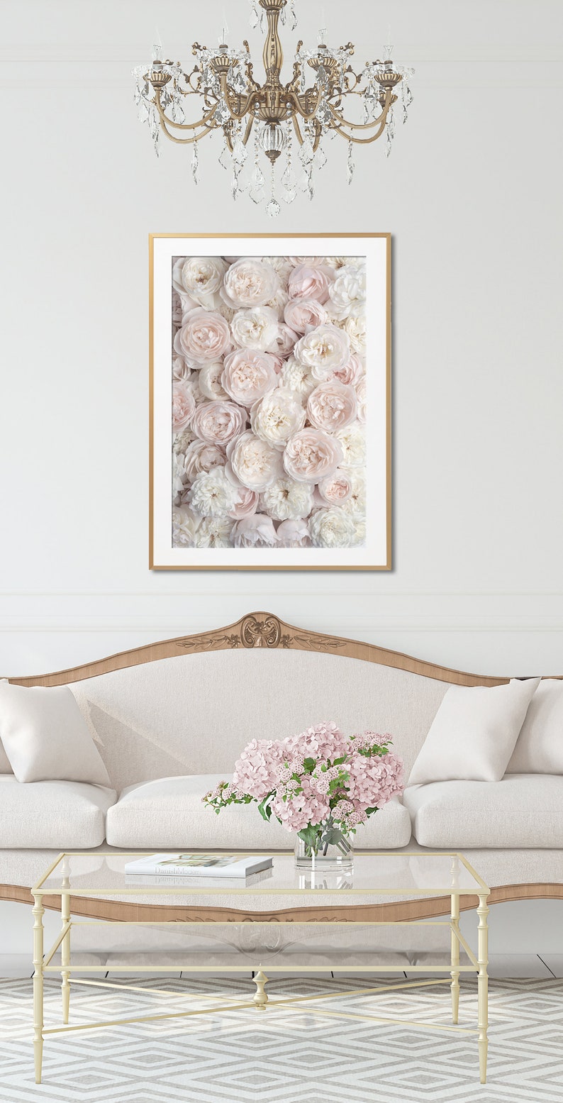 Pu&ograve; includere: Una stampa incorniciata di un muro di rose rosa e bianche. La stampa &egrave; appesa sopra un divano bianco con un tavolino da caff&egrave; in vetro e un vaso di fiori rosa.