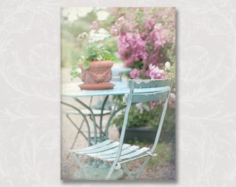 French Country Photograph on Canvas, Blue Bistro Chair, Rose Garden, Impressionists, Giverny, France, Home Decor