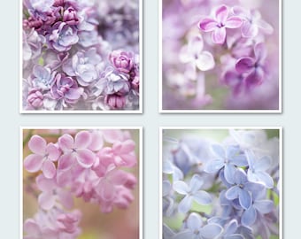 Lilac Photography Set - Four 5 x 5 Floral Photographs,  Purple, Pink, Blue, Romantic, Feminine Wall Decor