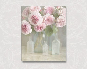 Photograph on Canvas, Vintage Roses in Bottles, Fine Art Photo on Gallery Wrapped Canvas, Travel Home Decor,  Large Wall Art