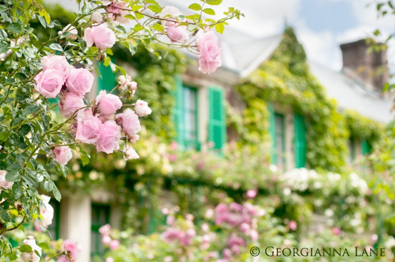 France Photo Monet's House, Giverny, Roses and Teal Shutters, Wall Decor, Romantic Floral Fine Art Travel Photograph image 1