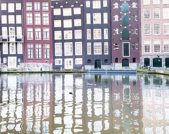 Amsterdam Photography - Damrak Reflections, Crooked Houses, Holland, Fine Art Photograph, Dutch Travel Wall Decor, Large Wall Art