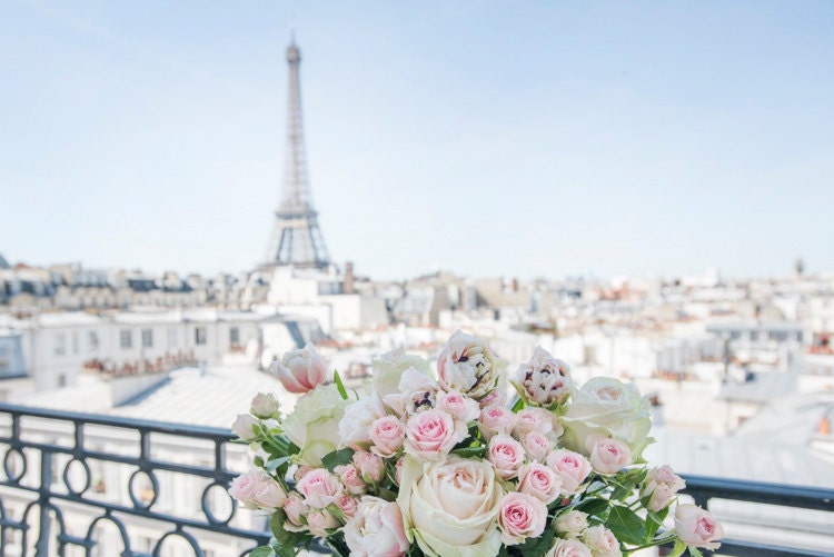 Paris Photography - A Paris Balcony, Eiffel Tower, Roses