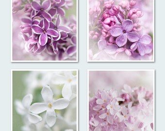 Lilac Photography Set II - Four Floral Photographs, Purple, Pink, White Blossoms, Romantic Wall Decor