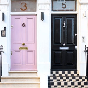 London Photography - Pink and Black Doors, London, Pastel Houses, London, England Travel Photo, Large Wall Art, Home Decor